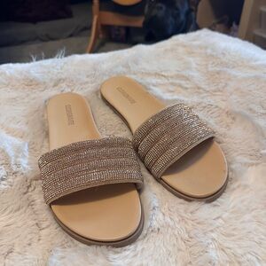 Chic Beaded Tan Slide Sandals
